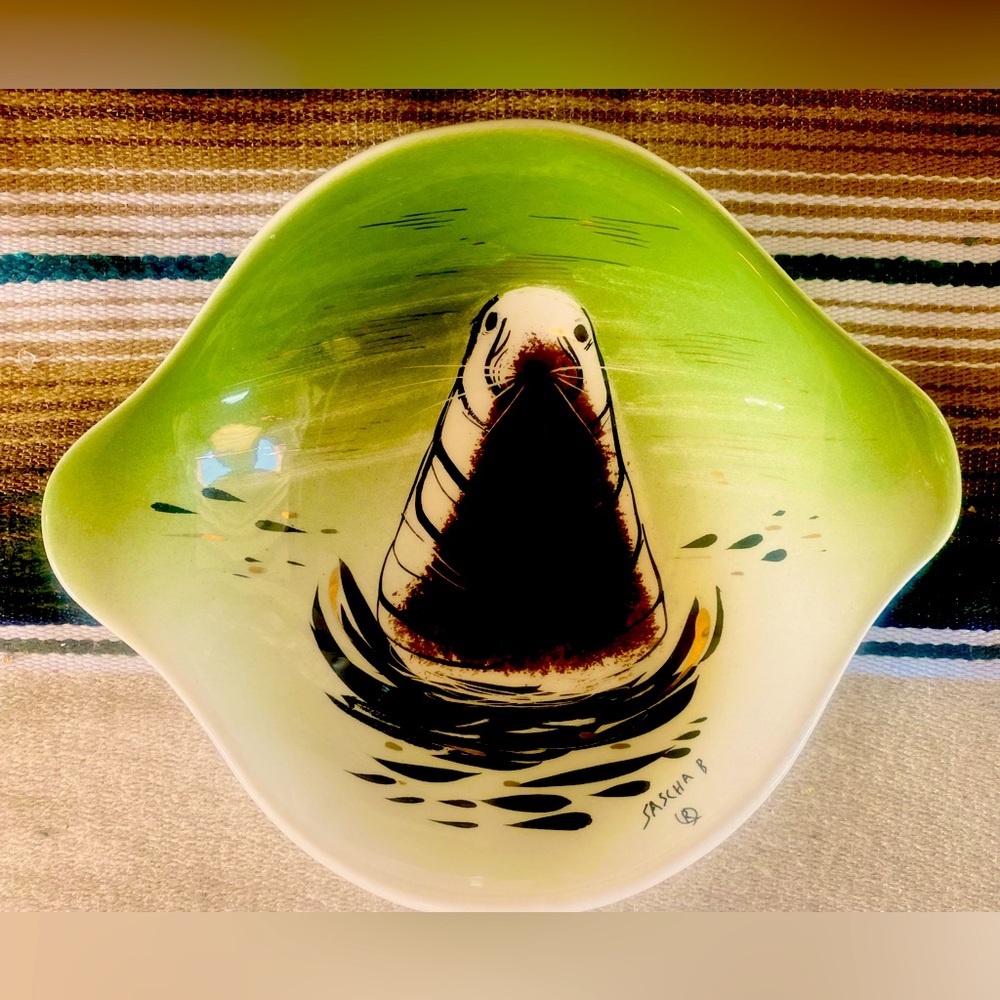 MCM Vintage Ashtray Art by Sascha B Nautical Seal Animalia Tray Rare Sea Gift
